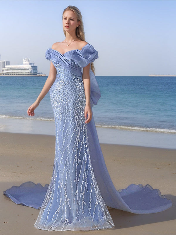 Trumpet/Mermaid V-Neck Short Sleeves Floor-Length Evening Dresses With Sequins/Bow/Watteau Train BabaMila