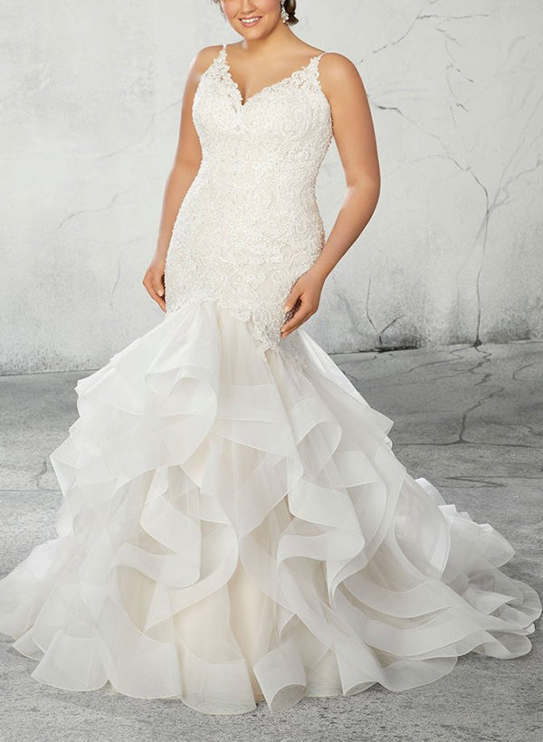 Trumpet/Mermaid V-Neck Plus Size Lace Wedding Dress with Applique/Ruffles BabaMila