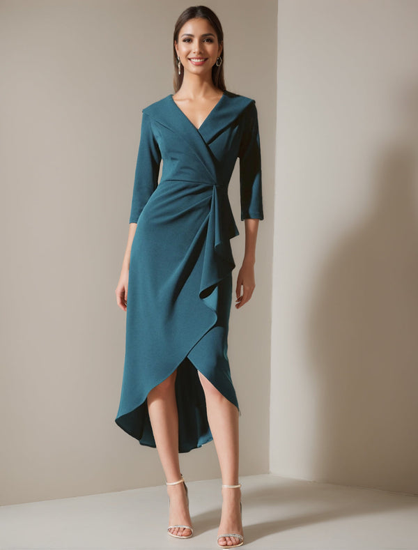 A-Line/Princess V-Neck 3/4 Sleeves Asymmetrical Mother Of The Bride Dresses With Ruffle BabaMila