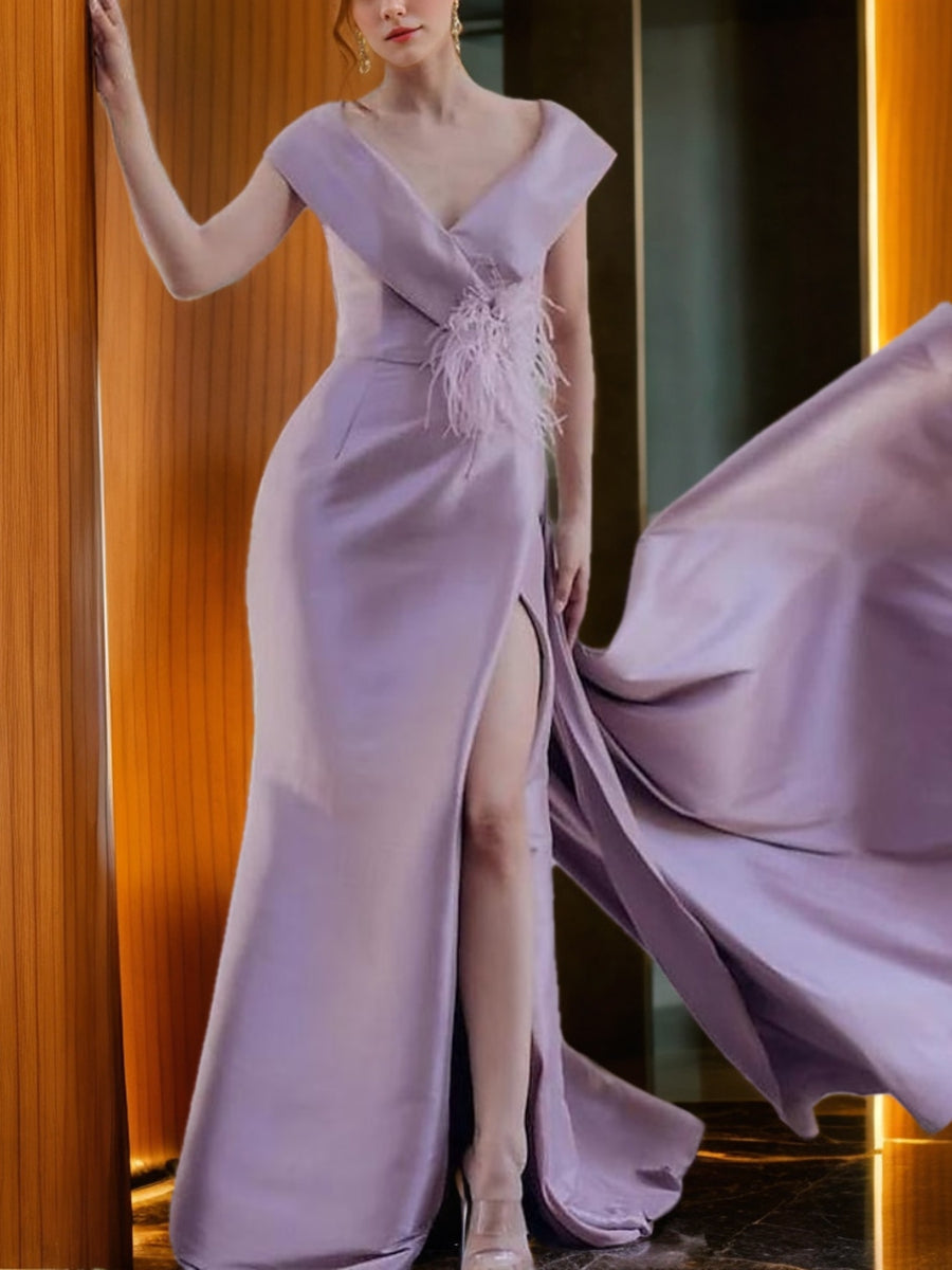 A-Line/Princess V-Neck Sleeveless Long Evening Dresses with High Split/Feather BabaMila