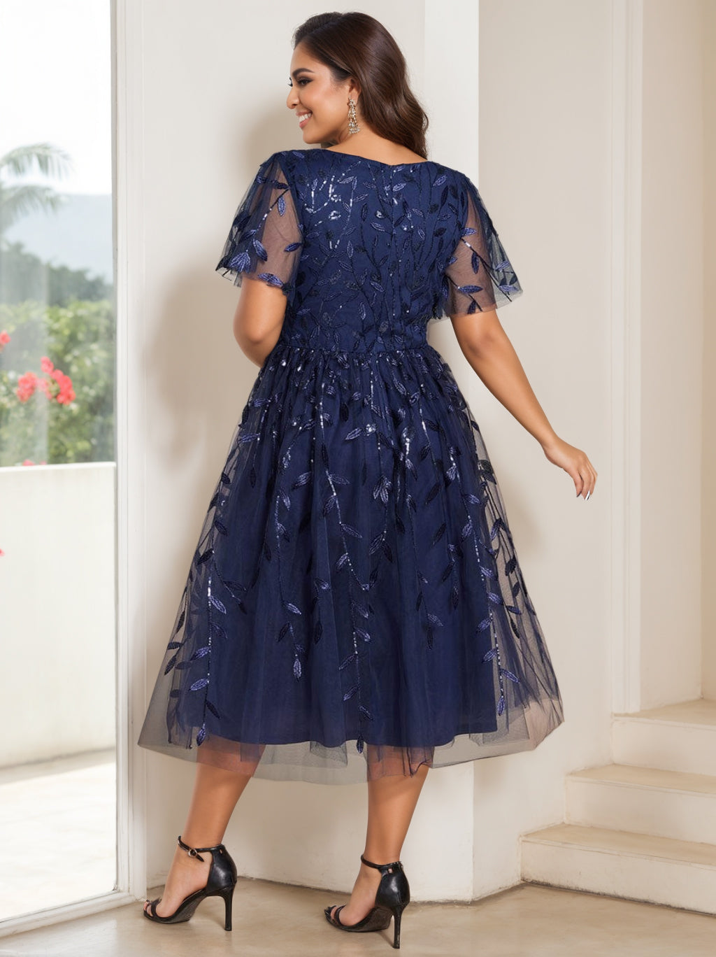 A-Line/Princess V-Neck Short Sleeves Tea Length Mother Of The Bride & Groom Dresses BabaMila