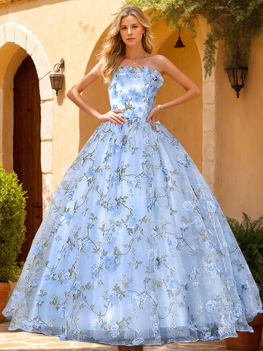 Floral Ball Gown/Princes Strapless Printed Tulle Formal Evening Dresses with Ruffles BabaMila