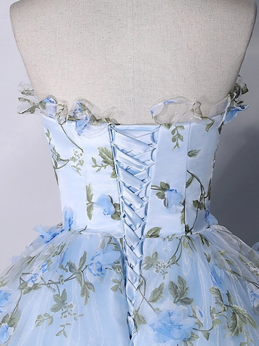 Floral Ball Gown/Princes Strapless Printed Tulle Formal Evening Dresses with Ruffles BabaMila