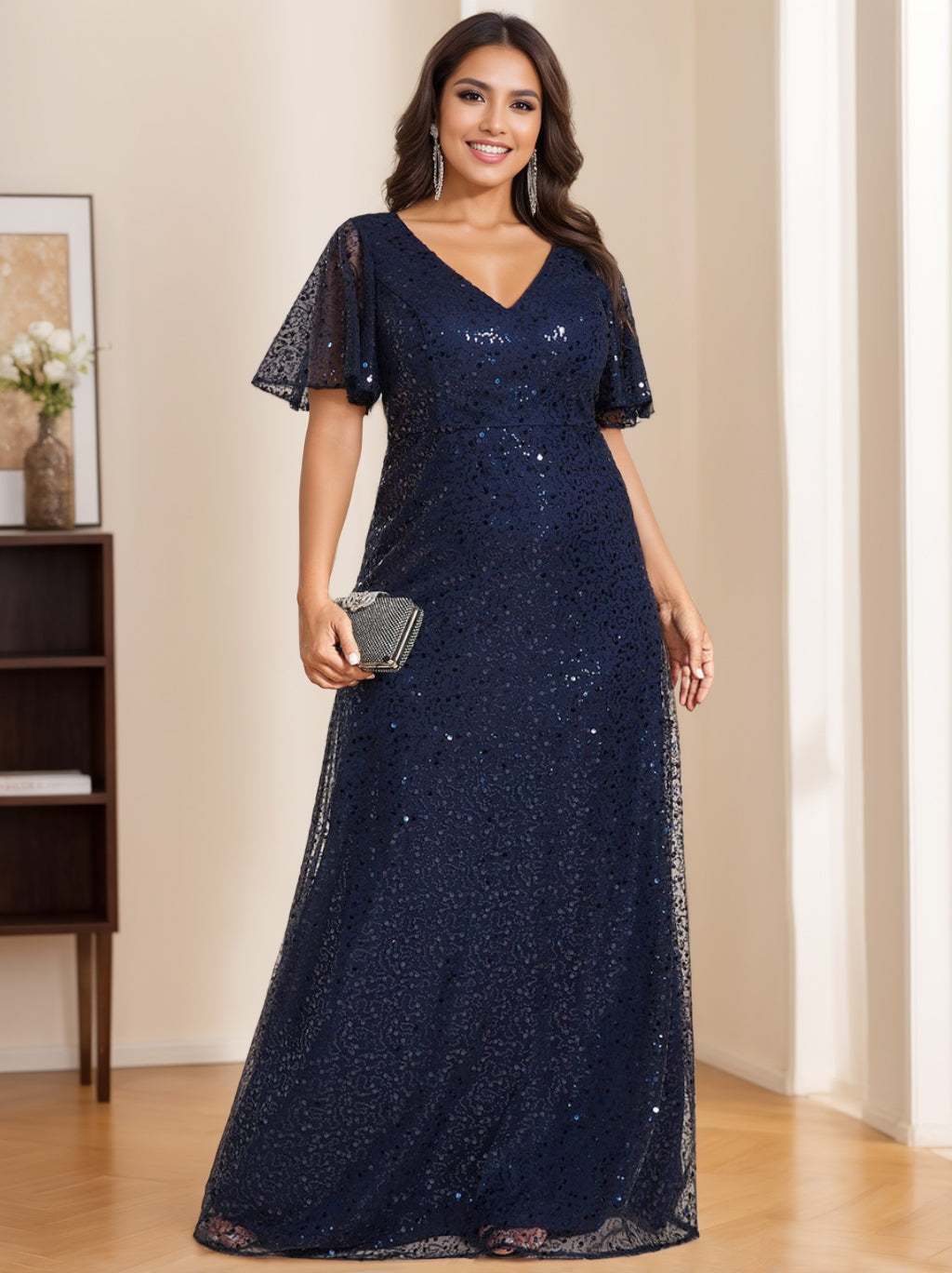 A-Line/Princess V-Neck Short Sleeves Floor Length Sequined Mother Of The Bride & Groom Dresses BabaMila