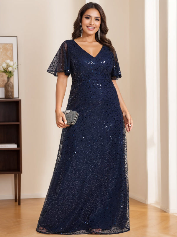 A-Line/Princess V-Neck Short Sleeves Floor Length Sequined Mother Of The Bride & Groom Dresses BabaMila