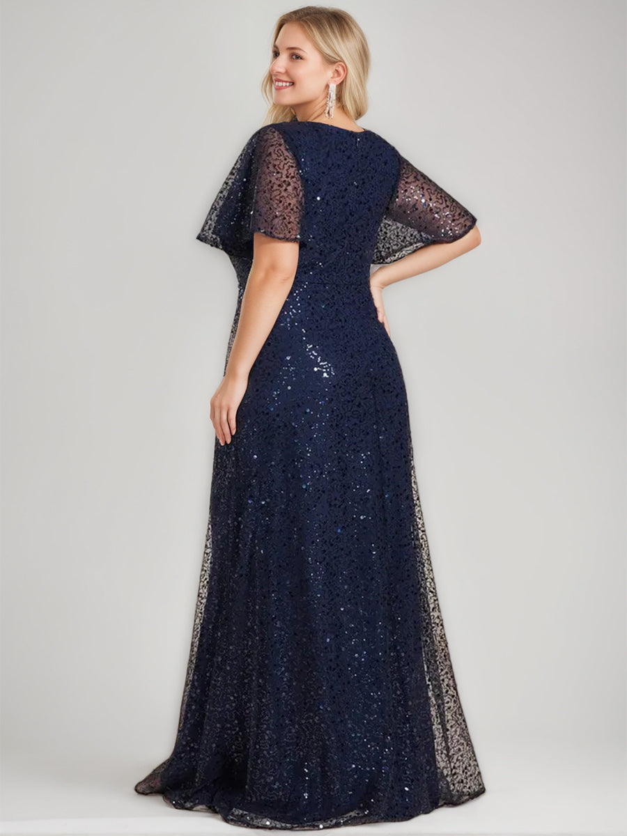 A-Line/Princess V-Neck Short Sleeves Floor Length Sequined Mother Of The Bride & Groom Dresses BabaMila