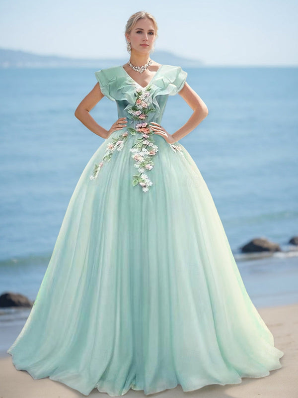 Floral Ball Gown/Princes V-Neck Straps Tulle Formal Evening Dresses with Appliques BabaMila