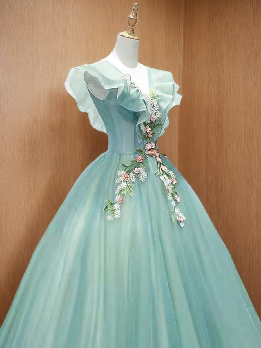 Floral Ball Gown/Princes V-Neck Straps Tulle Formal Evening Dresses with Appliques BabaMila
