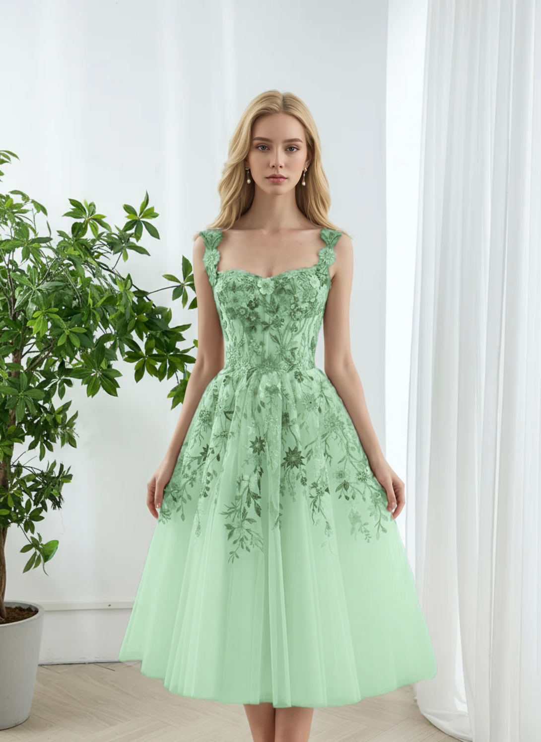 Floral Embroidered Tulle Midi Dress with Corset Bodice Lace Midi Dress Evening Party dress BabaMila