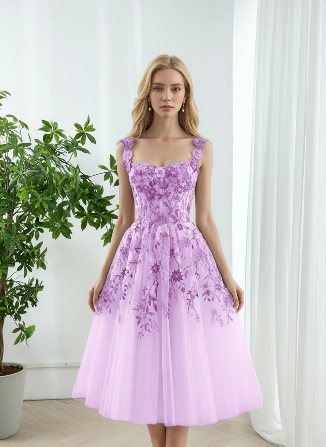 Floral Embroidered Tulle Midi Dress with Corset Bodice Lace Midi Dress Evening Party dress BabaMila