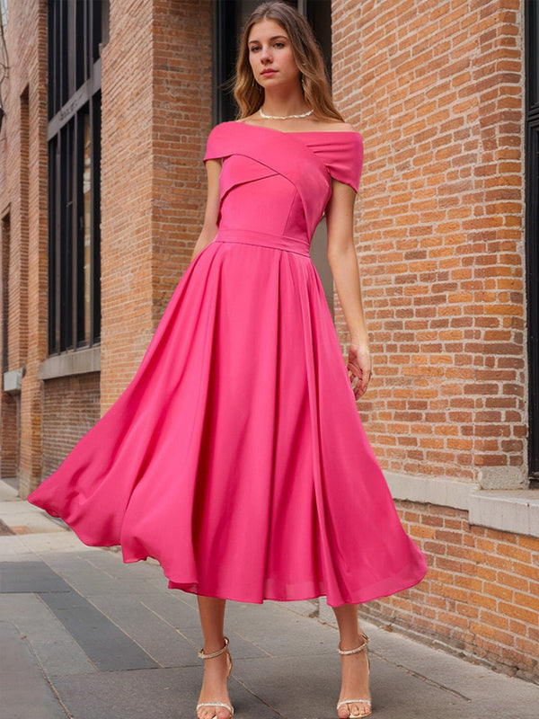 A-Line/Princess Off-the-Shoulder Elastic Chiffon Short Sleeves Ruched Prom Dresses with Ruffles BabaMila
