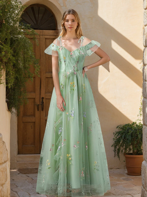 A-Line/Princess Cold Shoulder Short Sleeves Organza Prom Dresses with Lace Appliques BabaMila
