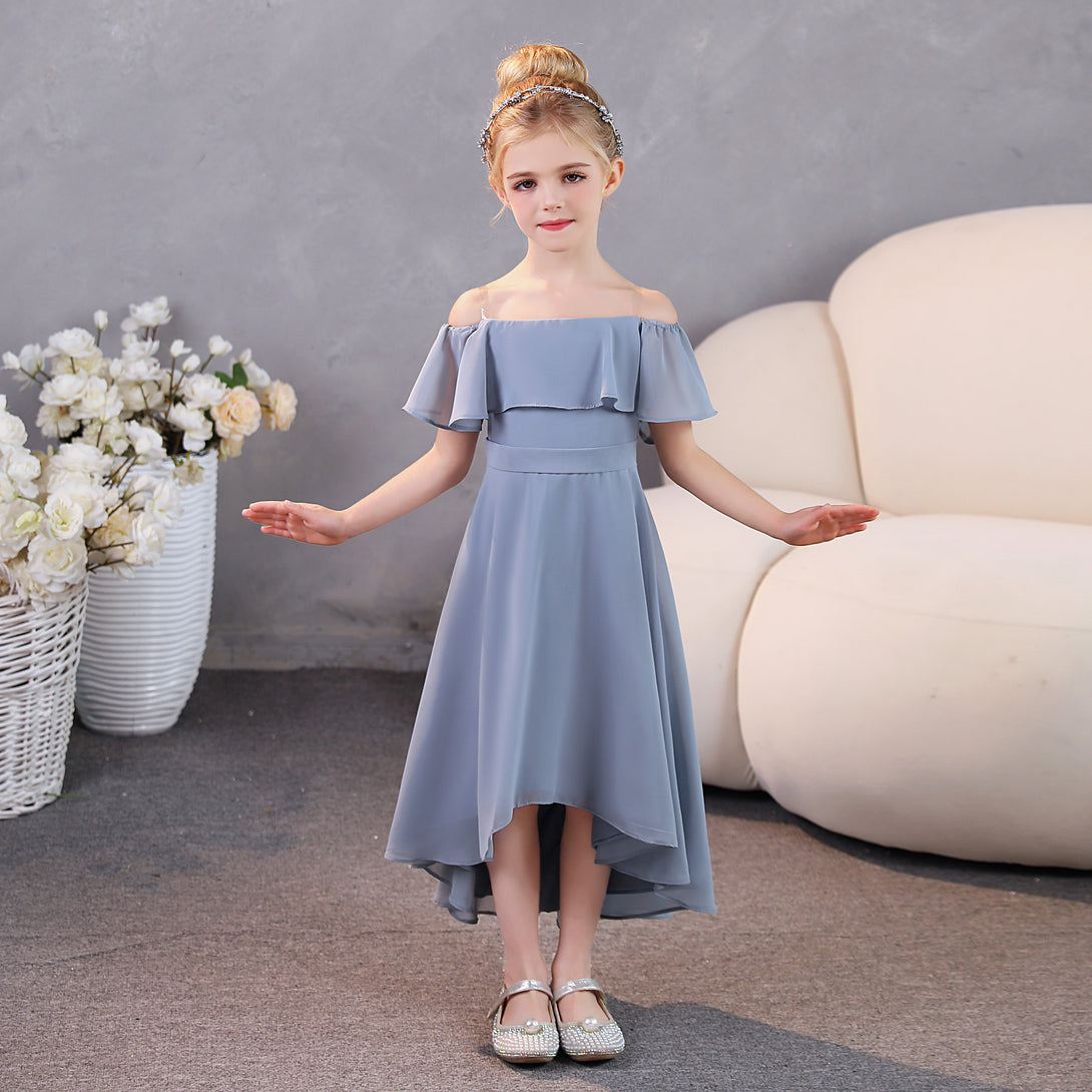 Girls Birthday Dresses Off-the-Ohoulder Cape Strapless Chiffon Tea-Length Asymmetrical Junior Bridesmaid Dress/Party Dresses With Belt Gidiondress as picture 12M