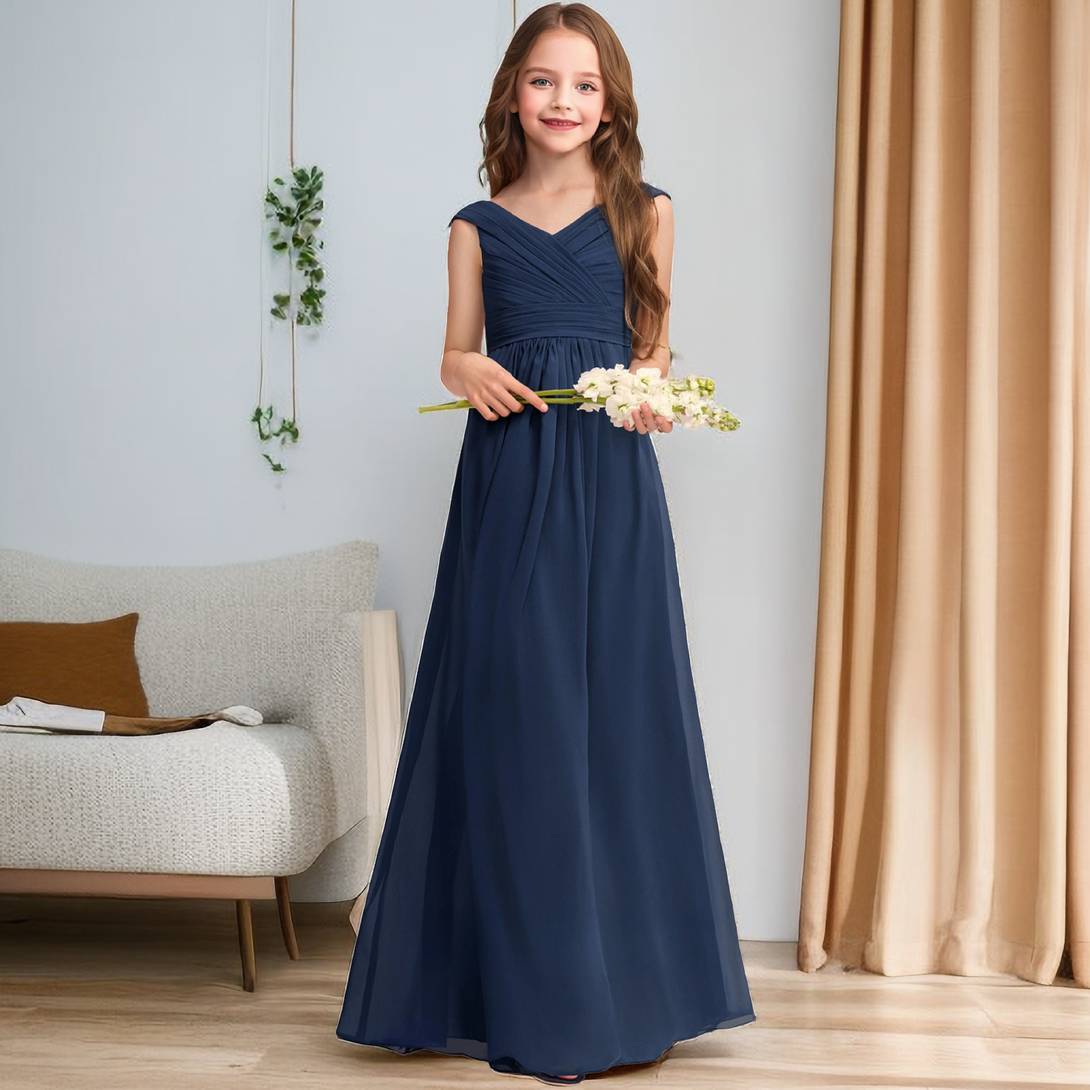 A-Line V-Neck Sleeveless Chiffon Junior Bridesmaid Dress/Girls Birthday Dresses With Pleated Girls Gidiondress