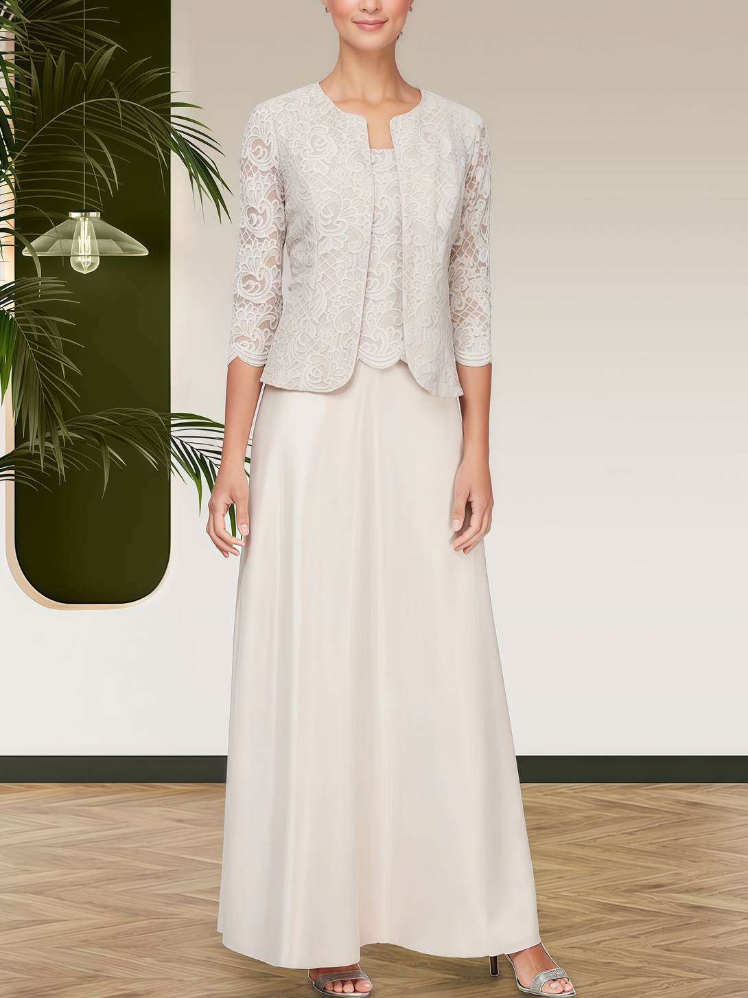 Square Neck A-Line 3/4 Sleeve Ankel-Length Lace/Chiffon Mother of the Bride Dress With Jacket BabaMila