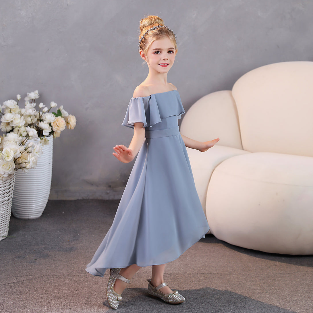 Girls Birthday Dresses Off-the-Ohoulder Cape Strapless Chiffon Tea-Length Asymmetrical Junior Bridesmaid Dress/Party Dresses With Belt Gidiondress