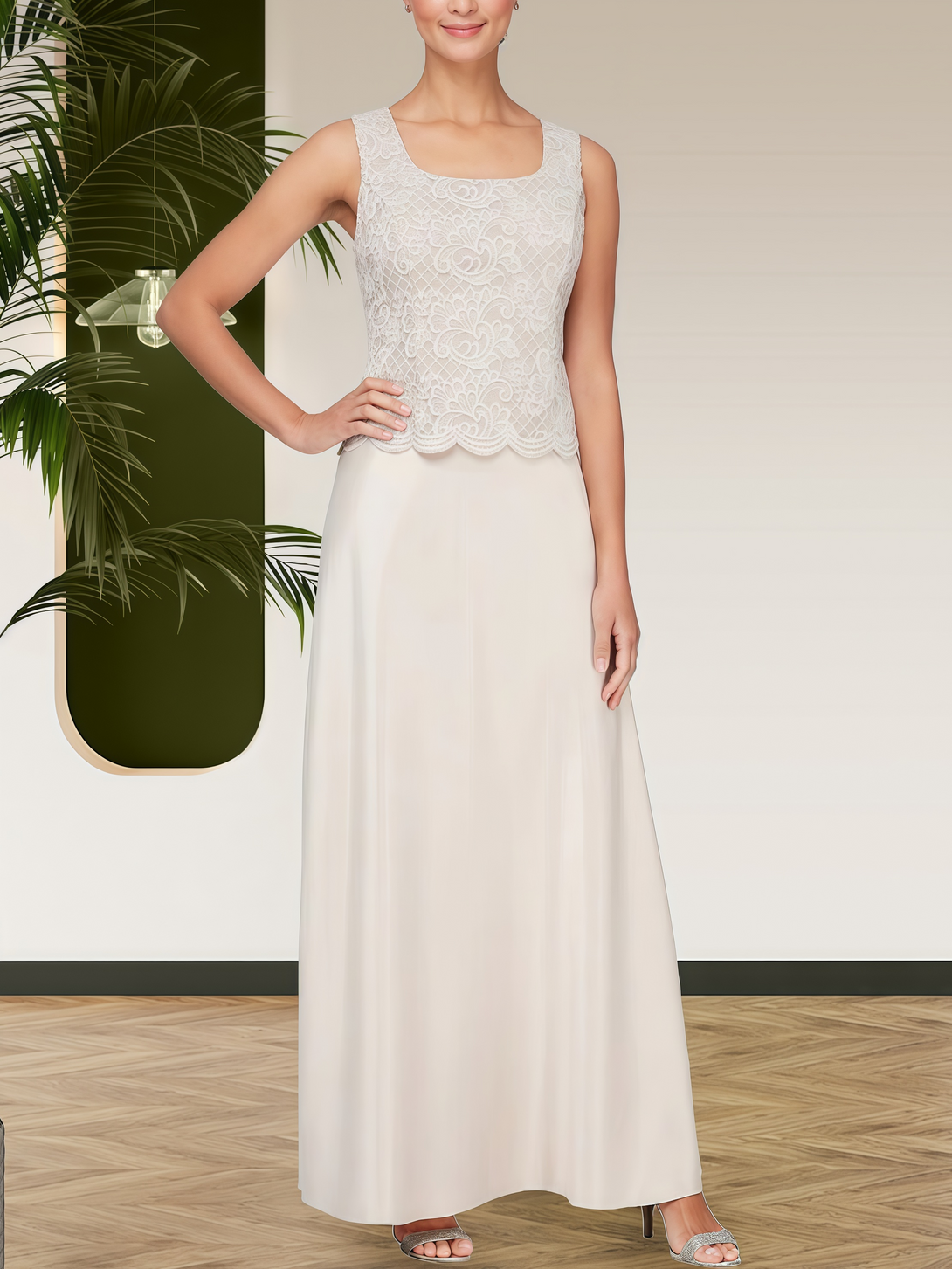 Square Neck A-Line 3/4 Sleeve Ankel-Length Lace/Chiffon Mother of the Bride Dress With Jacket BabaMila