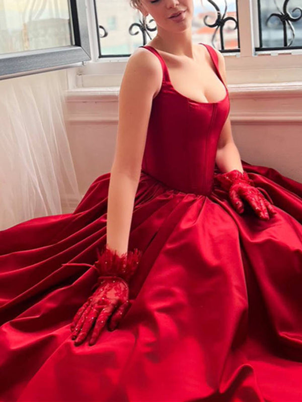 A-Line/Princess Square Neck Sleeveless Red Satin Floor-Length Prom Dresses With Pleated BabaMila