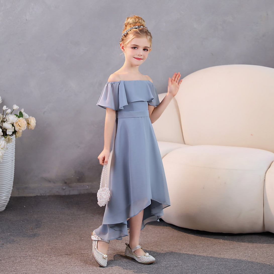 Girls Birthday Dresses Off-the-Ohoulder Cape Strapless Chiffon Tea-Length Asymmetrical Junior Bridesmaid Dress/Party Dresses With Belt Gidiondress