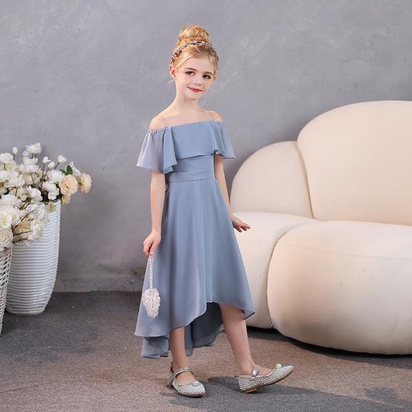 Girls Birthday Dresses Off-the-Ohoulder Cape Strapless Chiffon Tea-Length Asymmetrical Junior Bridesmaid Dress/Party Dresses With Belt Gidiondress