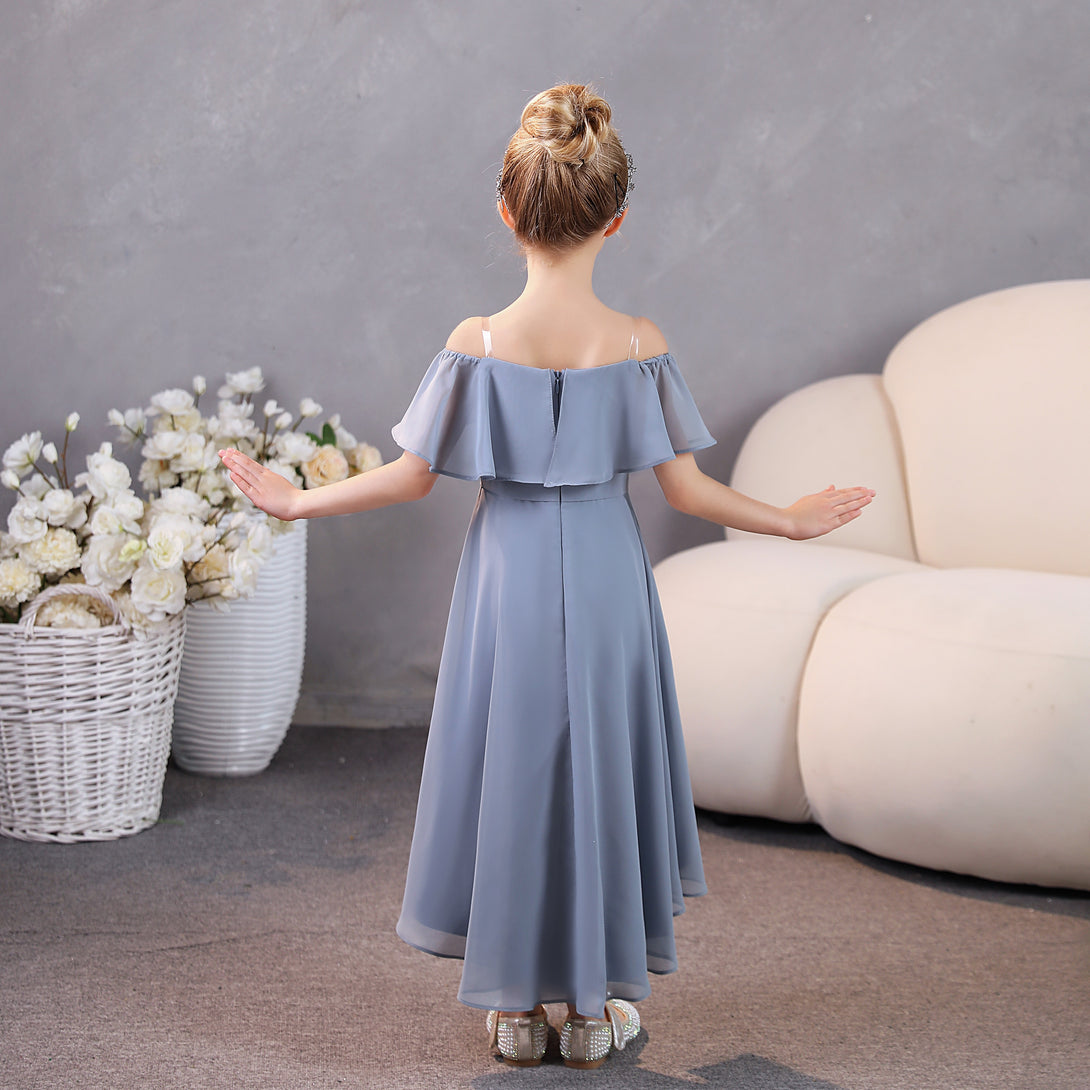 Girls Birthday Dresses Off-the-Ohoulder Cape Strapless Chiffon Tea-Length Asymmetrical Junior Bridesmaid Dress/Party Dresses With Belt Gidiondress
