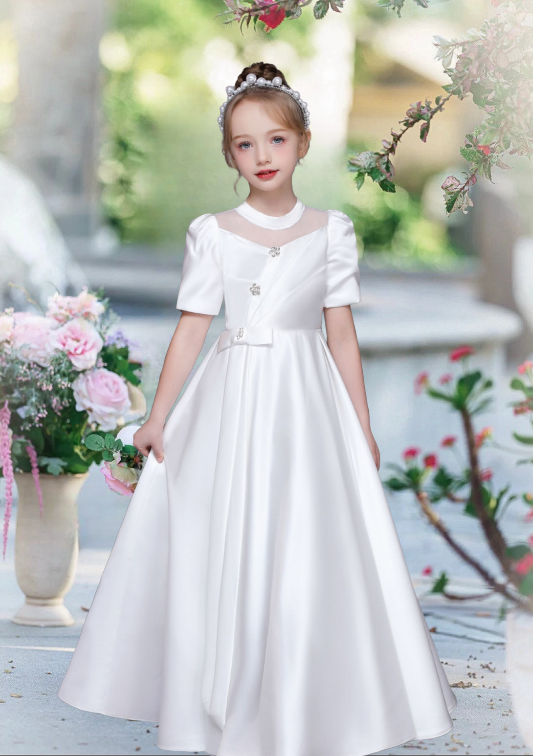 First Communion Dresses Scoop Neck Short Sleeve Floor-Length Satin Flower Girl Dresses With Beads/Bow/Pleated Girls Gidiondress
