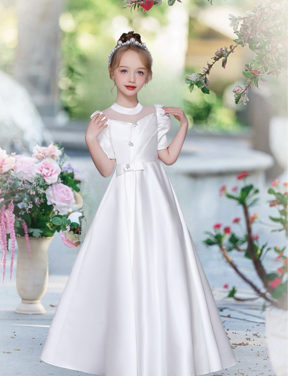 First Communion Dresses Scoop Neck Short Sleeve Floor-Length Satin Flower Girl Dresses With Beads/Bow/Pleated Girls Gidiondress