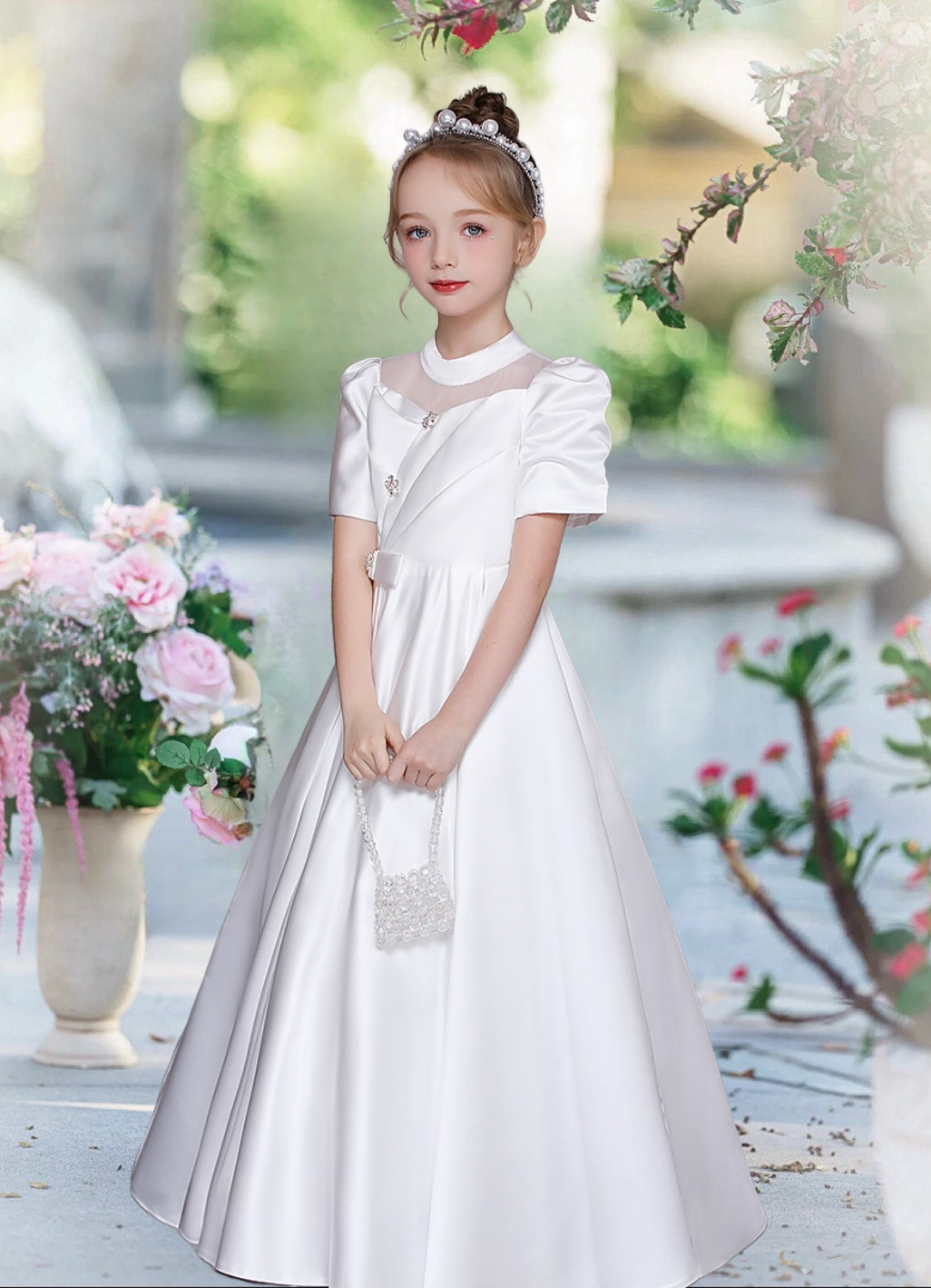 First Communion Dresses Scoop Neck Short Sleeve Floor-Length Satin Flower Girl Dresses With Beads/Bow/Pleated Girls Gidiondress