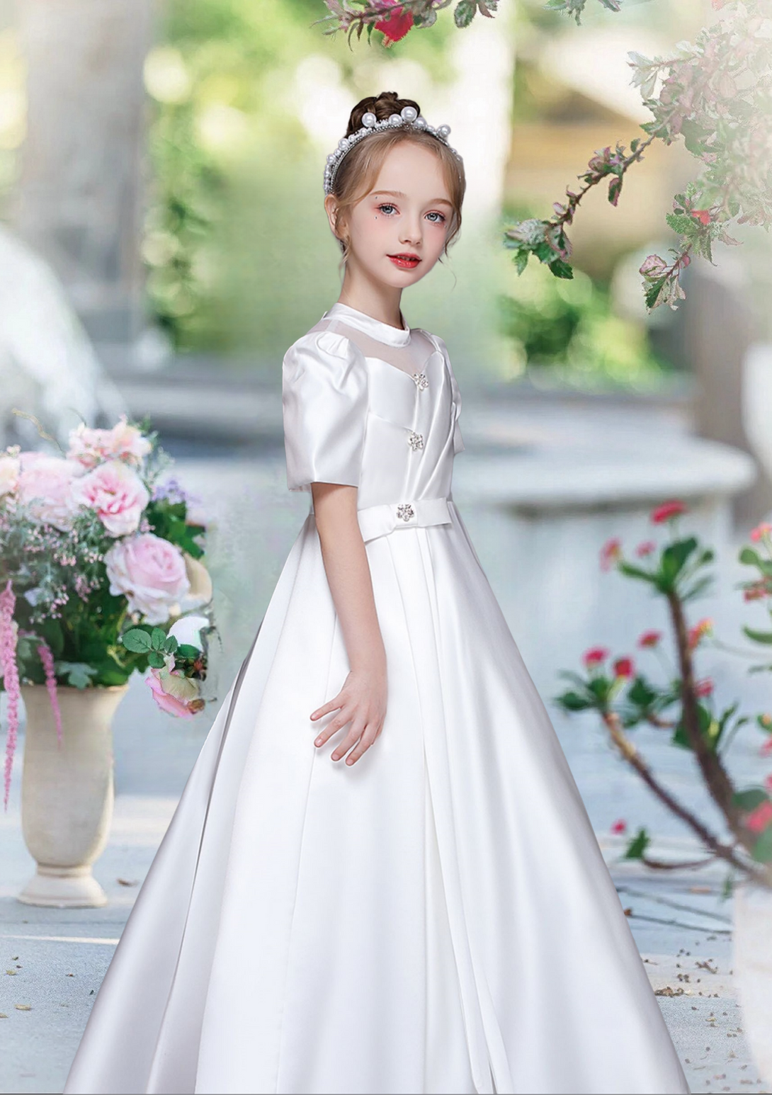 First Communion Dresses Scoop Neck Short Sleeve Floor-Length Satin Flower Girl Dresses With Beads/Bow/Pleated Girls Gidiondress