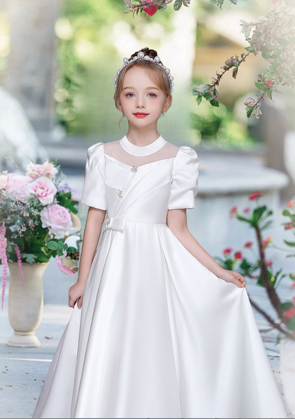 First Communion Dresses Scoop Neck Short Sleeve Floor-Length Satin Flower Girl Dresses With Beads/Bow/Pleated Girls Gidiondress