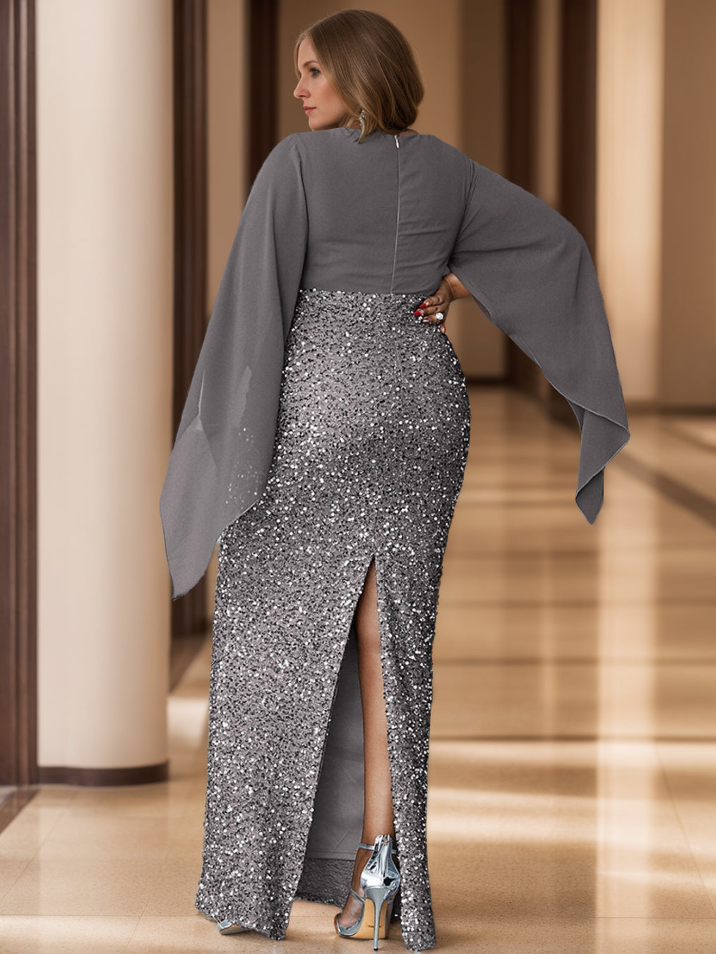 Sheath/Column V-Neck Flare Sleeves Floor-Length Unique Plus Size Mother Of The Bride Dresses With Sequined BabaMila