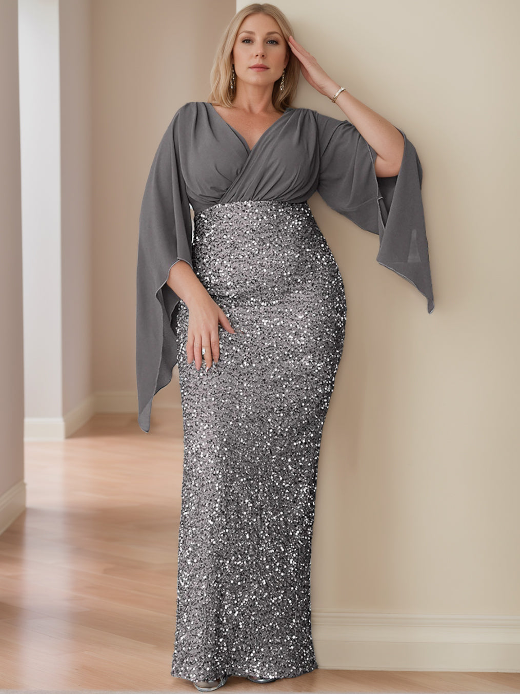 Sheath/Column V-Neck Flare Sleeves Floor-Length Unique Plus Size Mother Of The Bride Dresses With Sequined BabaMila