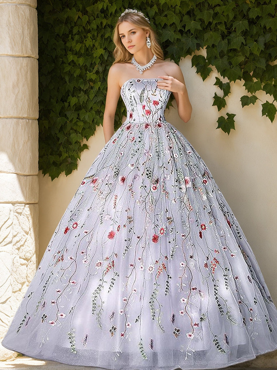 A-Line/Princess Floral Strapless Sleeveless Prom Dresses with Lace/Appliques BabaMila