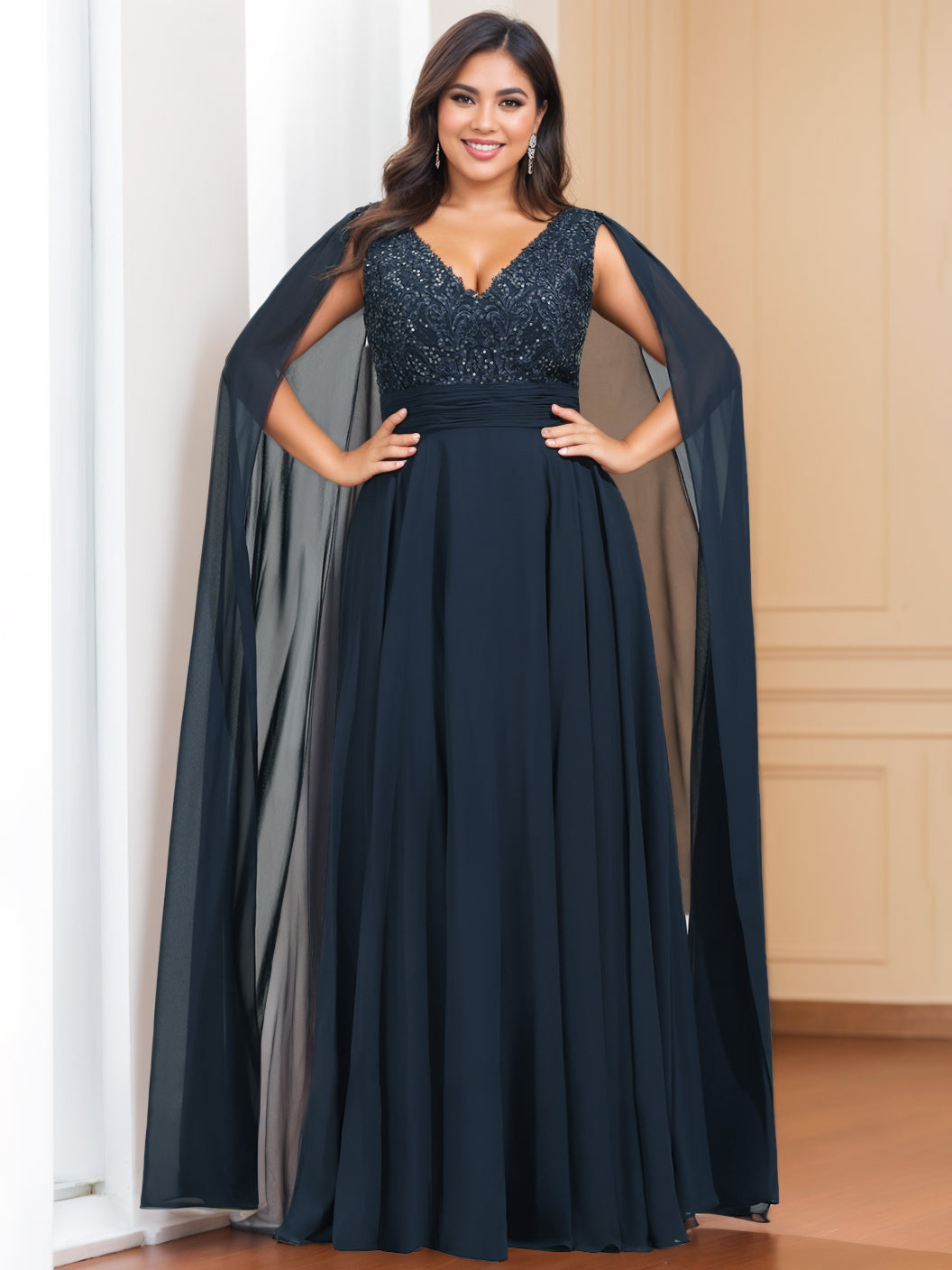 A-Line/Princess V-Neck Sleeveless Floor Length Plus Size Mother Of The Bride Dresses With Sequins & Watteau Train BabaMila