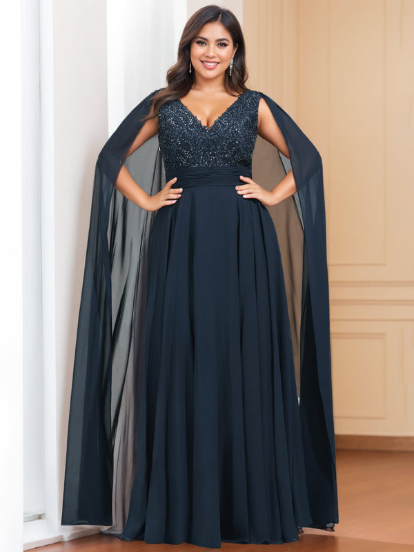 A-Line/Princess V-Neck Sleeveless Floor Length Plus Size Mother Of The Bride Dresses With Sequins & Watteau Train BabaMila