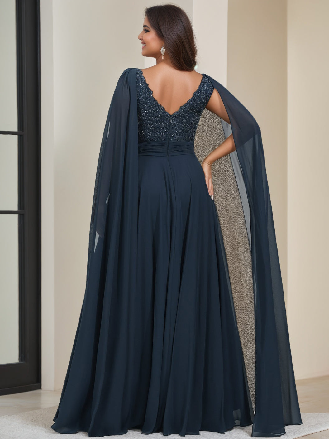 A-Line/Princess V-Neck Sleeveless Floor Length Plus Size Mother Of The Bride Dresses With Sequins & Watteau Train BabaMila