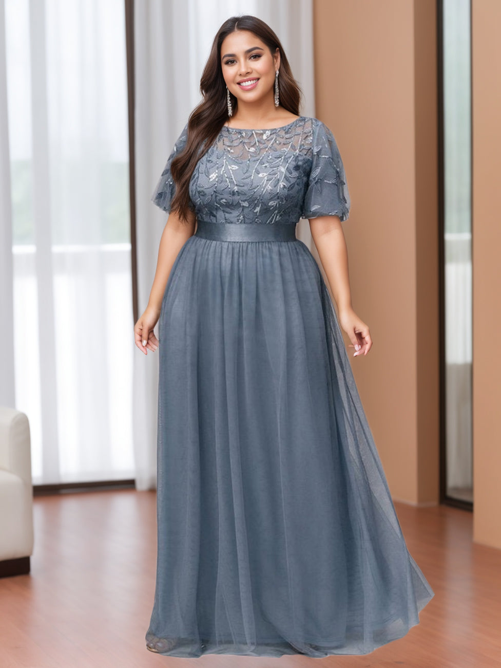 A-Line/Princess Scoop Half Sleeves Floor-Length Plus Size Mother Of The Bride Dresses With Appliques BabaMila