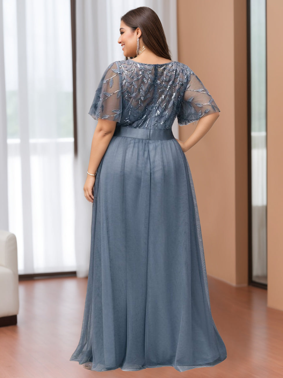A-Line/Princess Scoop Half Sleeves Floor-Length Plus Size Mother Of The Bride Dresses With Appliques BabaMila