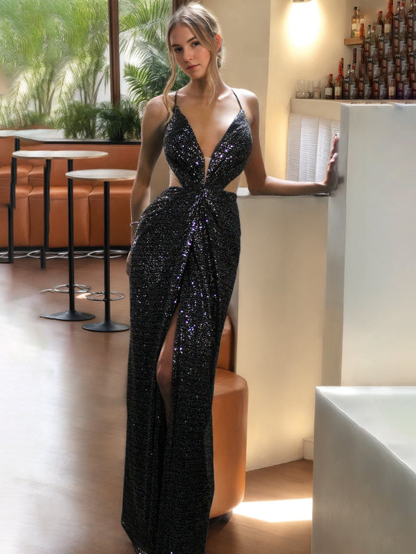 Sheath/Column V-Neck Sexy Sequined Floor-Length Prom Dresses with High Split BabaMila