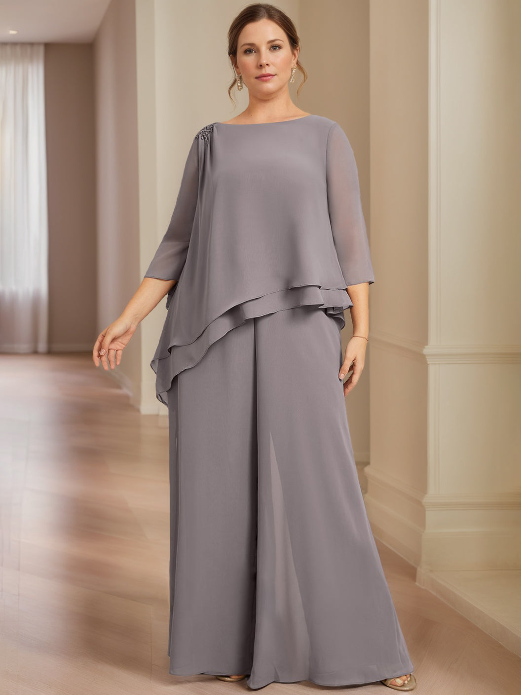 Chiffon 2 Pieces Scoop 3/4 Length Sleeves Floor-Length Plus Size Mother Of The Bride Dresses With Beading BabaMila