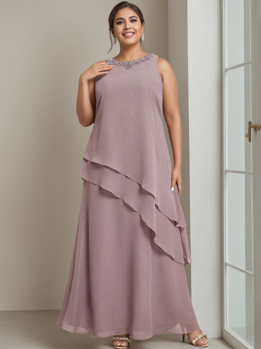 A-Line/Princess Scoop Sleeveless Floor-Length Plus Size Mother Of The Bride Long Dresses With Beading BabaMila