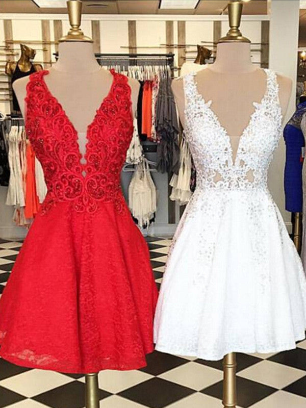 Homecoming Dress Sexy V-neck Red White Short Prom Dress Party Dress Homecoming Dress BabaMila