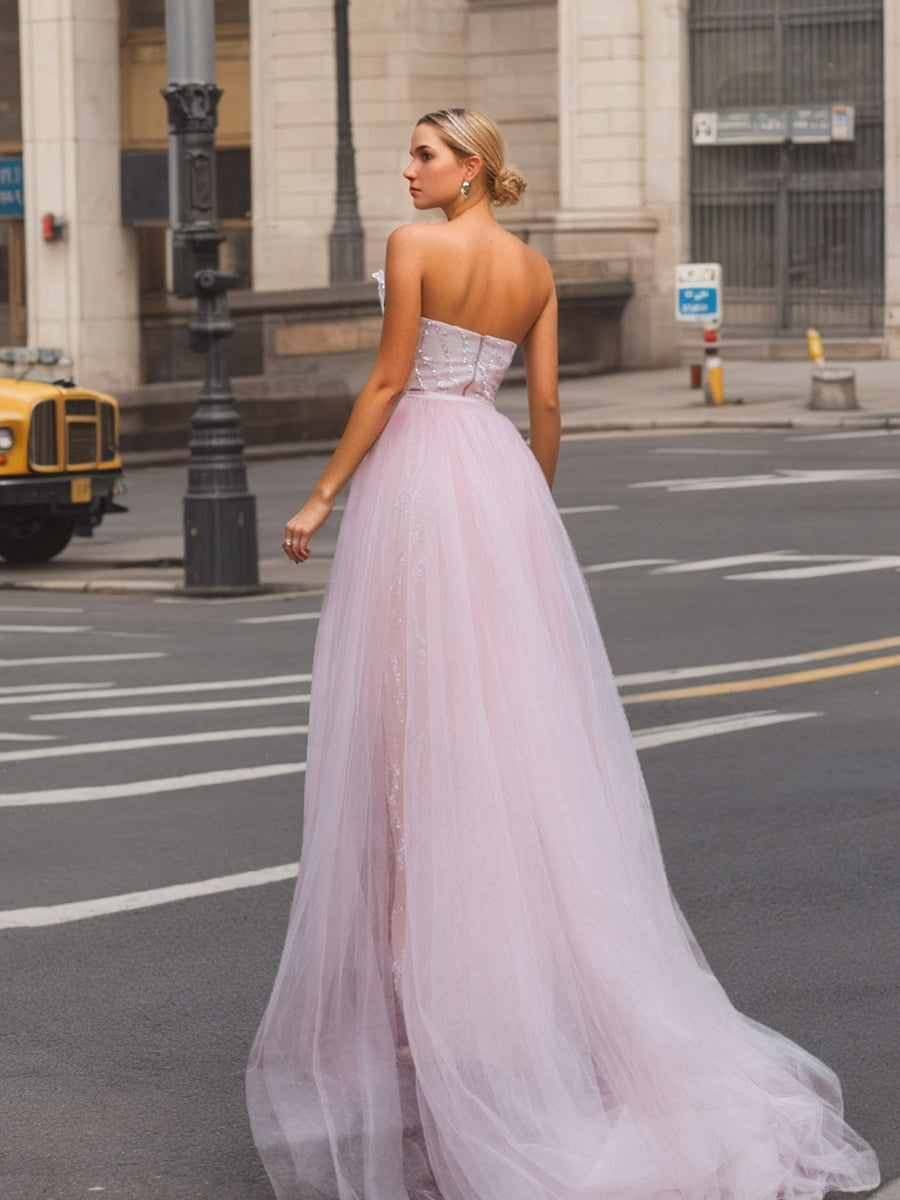 Sheath/Column Strapless Asymmetrical Long Prom Dresses with High Split/Sequins BabaMila