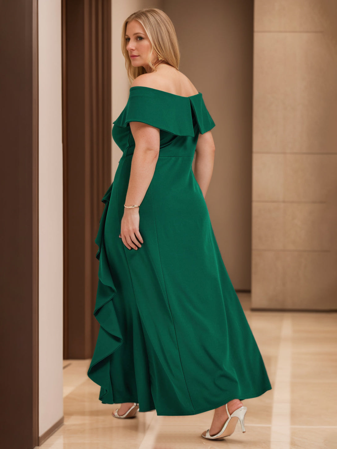 Sheath/Column Off-The-Shoulder Sleeveless Floor-Length Unique Plus Size Mother Of The Bride Dresses With Ruffles BabaMila