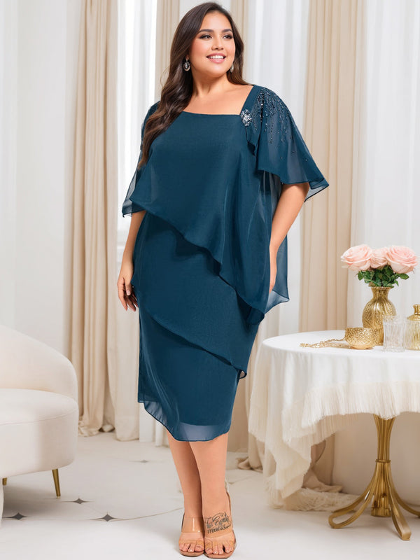 Sheath/Column Half Sleeves Knee-Length Plus Size Mother Of The Bride Outfits With Beading & Sequins BabaMila