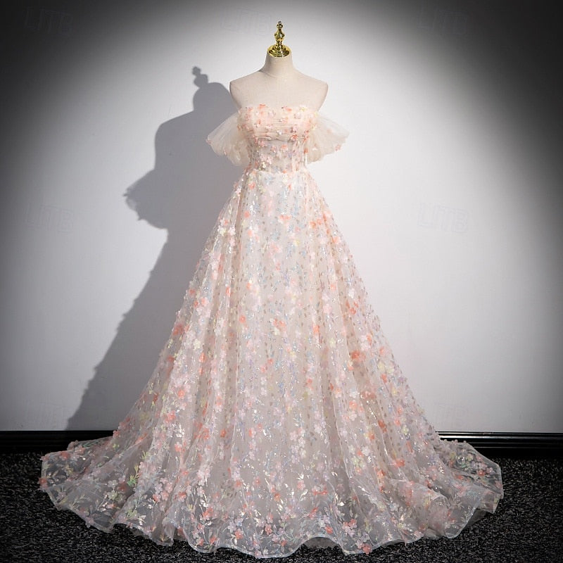 A-Line Retro Strapless Short Sleeves Delicate Floral Prom Dresses with Ruffles/Appliques BabaMila