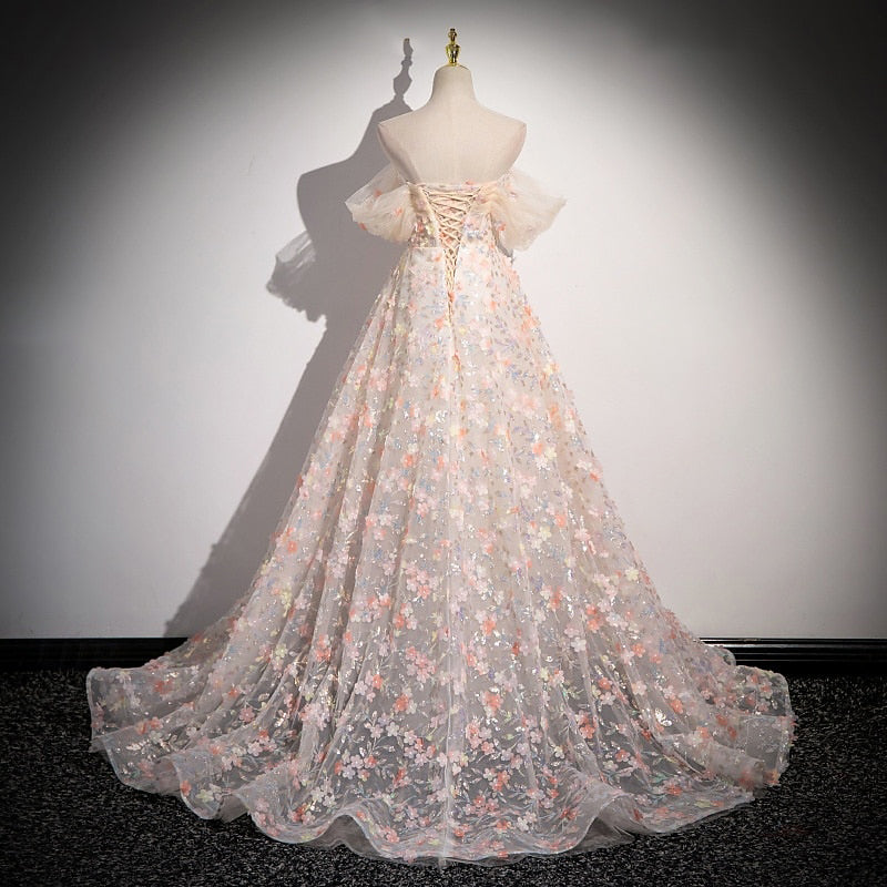 A-Line Retro Strapless Short Sleeves Delicate Floral Prom Dresses with Ruffles/Appliques BabaMila