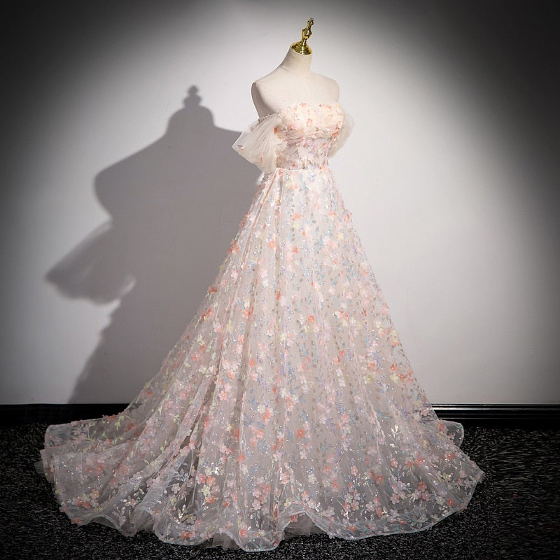 A-Line Retro Strapless Short Sleeves Delicate Floral Prom Dresses with Ruffles/Appliques BabaMila