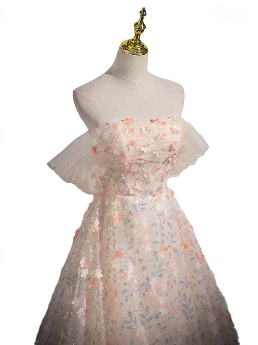 A-Line Retro Strapless Short Sleeves Delicate Floral Prom Dresses with Ruffles/Appliques BabaMila