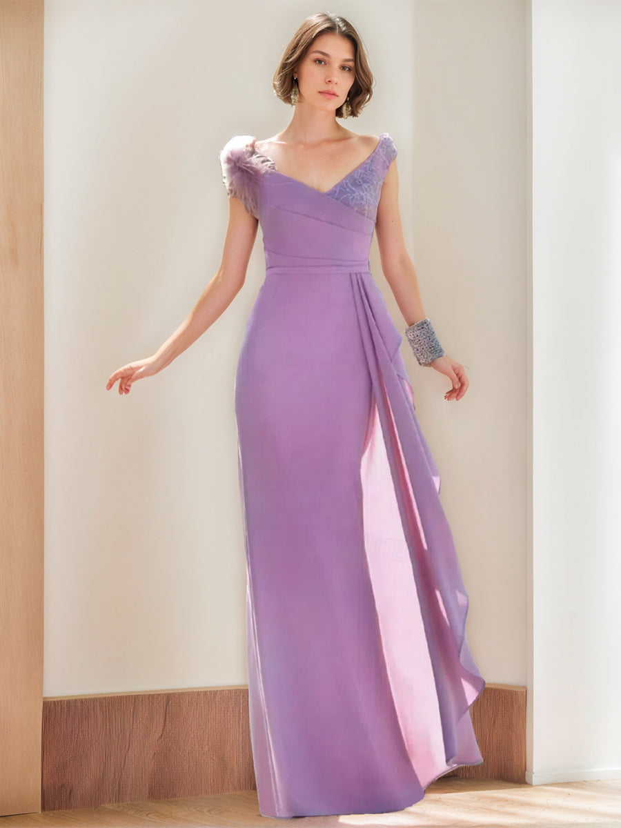 Sheath/Column V-Neck Sleeveless Elegant Evening Dresses with Feather/Appliques BabaMila